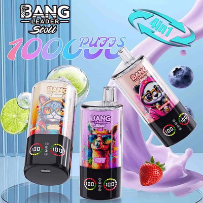 Three colorful vape devices labeled "Bang Leader Stoll" and "Bang Soul" featuring illustrations of a llama and a panda, with text indicating "10000 PUFFS" and "4 in 1", surrounded by fruit graphics and splashes of liquid on a reflective surface.