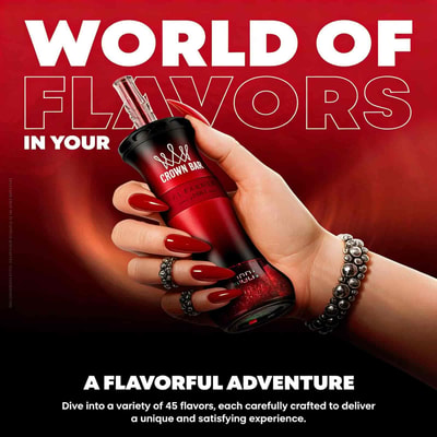 A hand with red nails holds a red Crown Bar vape device against a red gradient background with bold white text reading “WORLD OF FLAVORS.”