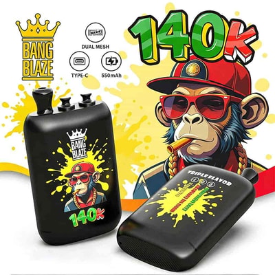 Collage-style graphic featuring a black Bang Blaze 140K vape device with a yellow splash background, a cartoon monkey wearing a red cap and sunglasses, and bold 140K text with graffiti style.