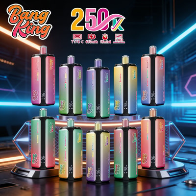 A collection of colorful vape devices arranged on circular platforms in a futuristic showroom, with a "Bang King" logo and "2500X" branding above.