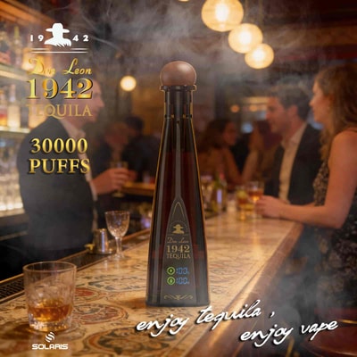 A tall dark bottle of Don Leon 1942 Tequila on a bar counter with a smoky club scene in the background and blurred patrons, golden text reading 30000 PUFFS and enjoy tequila, enjoy vape.