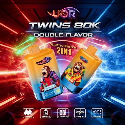 Two colorful vape bottles with cartoon monkey designs float against a neon, futuristic background; text reads “TWINS 80K Double Flavor” with “Slide to switch 2in1” above.