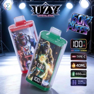 Two futuristic vape bottles with superhero monkey artwork, one red-lidded and one green-lidded, set in a neon-lit stage backdrop labeled “UZY Crystal Star” with “60K PUFFS” and specs icons.