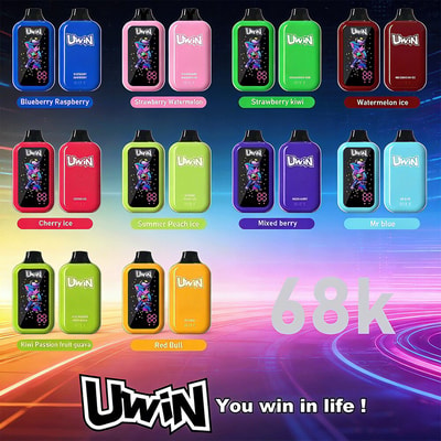 A grid of colorful UWIN vaping devices with various flavors and colors, including Blueberry Raspberry, Strawberry Watermelon, Strawberry Kiwi, Watermelon Ice, Cherry Ice, Summer Peach Ice, Mixed Berry, Mr Blue, Kiwi Passion fruit Guava, and Red Bull, set against a gradient background with the brand slogan You win in life.