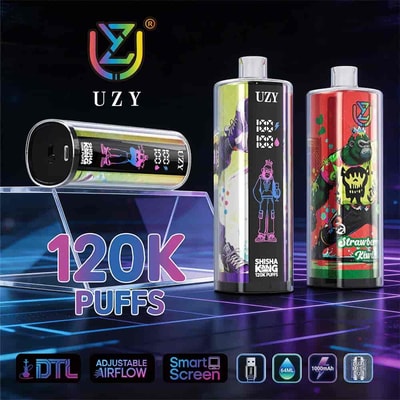 UZY brand vape devices with colorful artwork, two cylindrical pods, and a large “120K PUFFS” label; features include adjustable airflow, smart screen, 64ml/1000mAh specs, and dual mesh coils.
