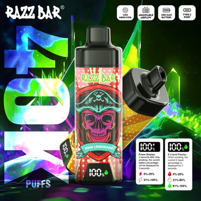RAZZ BAR pink lemonade flavored vape bottle with a black cap, bright red label, and a skull emblem; a matching disposable pod device sits to the right against a neon abstract background.