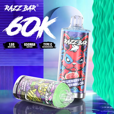 Razz Bar 60K bottle with blue yogurt blueberry flavor design and colorful comic-style art, set against a vibrant teal and violet backdrop.