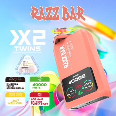 Compact pink RAZZ BAR vaping device with a rounded top, digital display, and detachable pod; colorful background with branding and tech specs tiles.