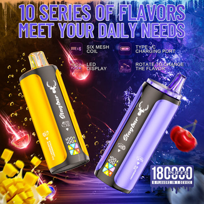 Two colorful vaping devices tilted diagonally, one yellow and black on the left and one purple and black on the right, with a bold "10 SERIES OF FLAVORS MEET YOUR DAILY NEEDS" header and icons indicating features like six mesh coil, LED display, Type-C charging, and flavor rotation.