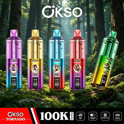 Colorful cylindrical water bottles arranged in a forest setting with the word OKSO Tornado across the top.