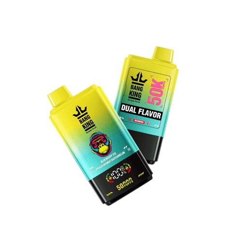Two colorful Bang King branded disposable vape devices, each displaying a flavor label, digital puff counter, and monkey face illustration, with the text "50,000 puffs" prominently shown.