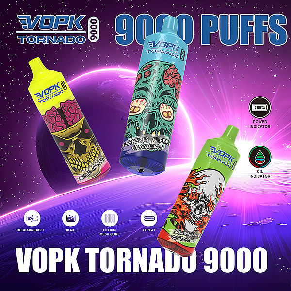 „Farbenfrohe Einweg-Vape-Geräte VOPK Tornado 9000 mit einzigartigem Design und Geschmacksrichtungen wie Triple Mango, Blaubeere-Kirsche-Cranberry und Erdbeere-Wassermelone. Zu den Highlights zählen 9000 Züge, Wiederaufladbarkeit, 18 ml Fassungsvermögen und Aufladen über Typ C.“