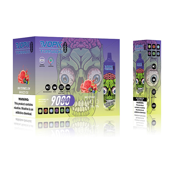 Packaging design for the VOPK Tornado 9000 disposable vape in Watermelon Braz Ice flavor, featuring a skull graphic, product details, and warnings about nicotine addiction.