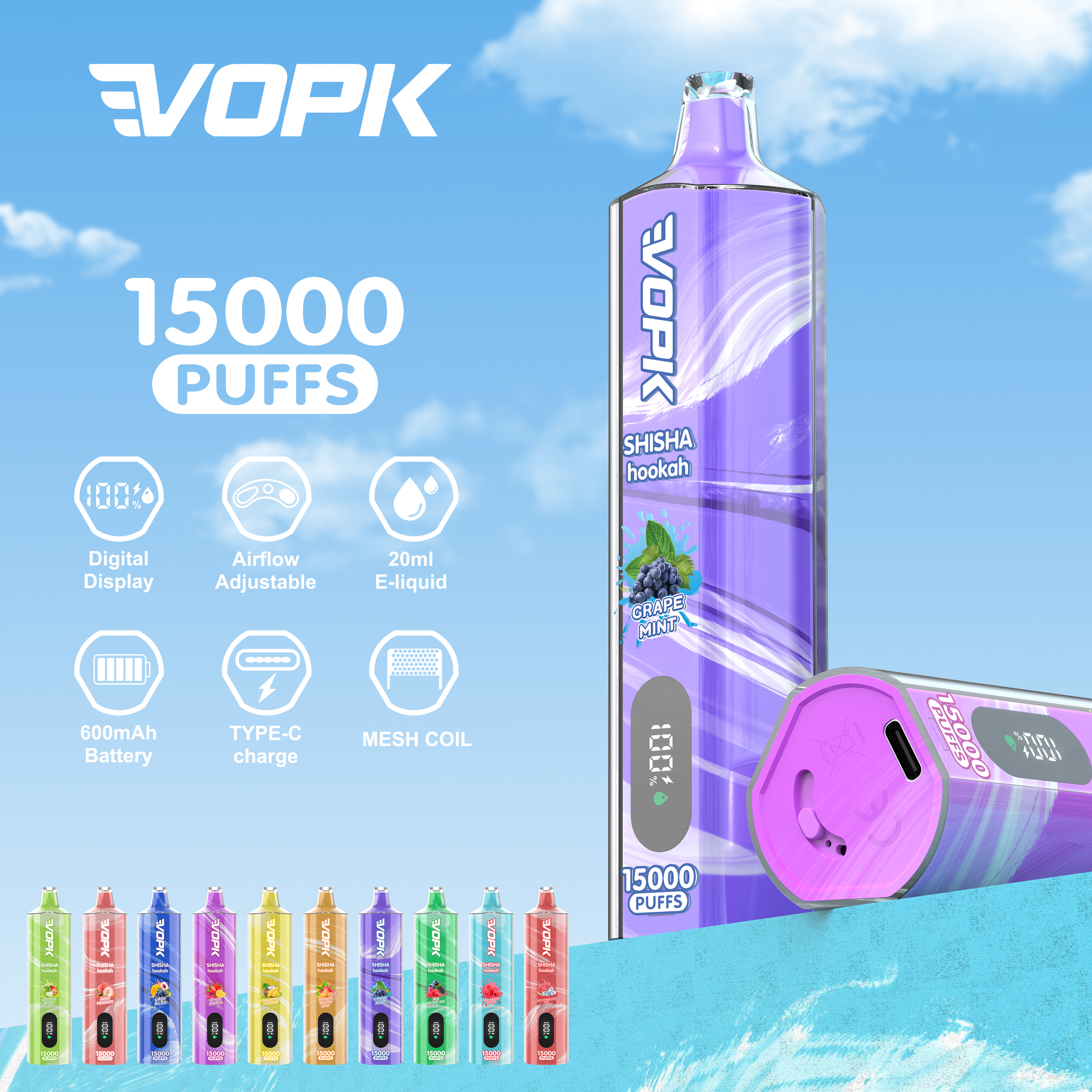 VOPK 15000 puffs disposable vape with grape mint flavor, featuring a digital display, adjustable airflow, 20ml e-liquid capacity, 600mAh battery, Type-C charging, and mesh coil, displayed with various colorful options against a blue sky background.