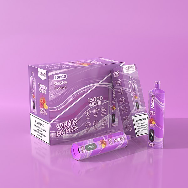 A purple VOPK White Mamba vape box featuring 10 disposable vapes, labeled with 15000 puffs and shisha hookah flavor, displayed with warning labels and one vape positioned outside the box.