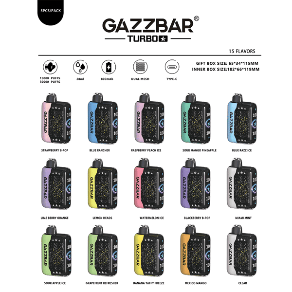 A display of Gazzbar Turbo vape devices in 15 flavors, showcasing colorful designs, key features like 15,000 to 30,000 puffs, 28ml capacity, 800mAh battery, dual mesh technology, and Type-C charging.