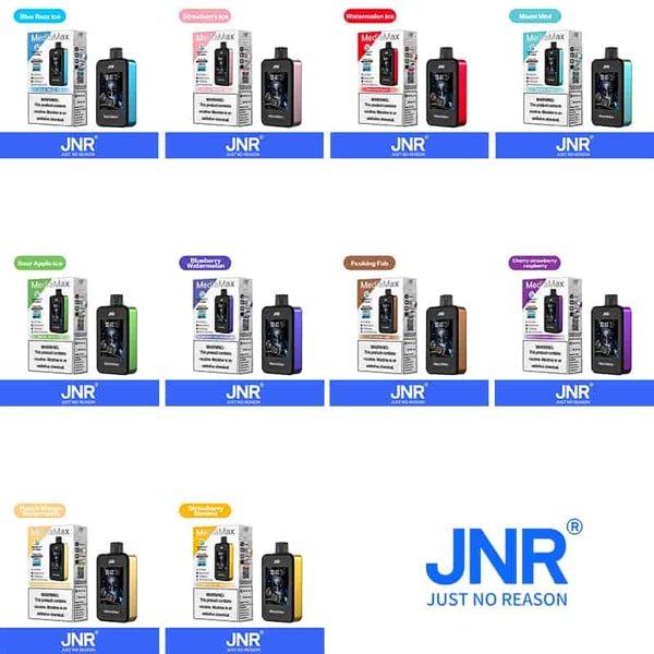 Coleção de vape JNR MediaMax com vários sabores, incluindo Blue Razz Ice, Strawberry Ice, Watermelon Ice, Miami Mint, Sour Apple Ice, Blueberry Watermelon, Fucking Fab, Cherry Strawberry Raspberry, Peach Mango Watermelon e Strawberry Banana, cada um com embalagem e dispositivos correspondentes.