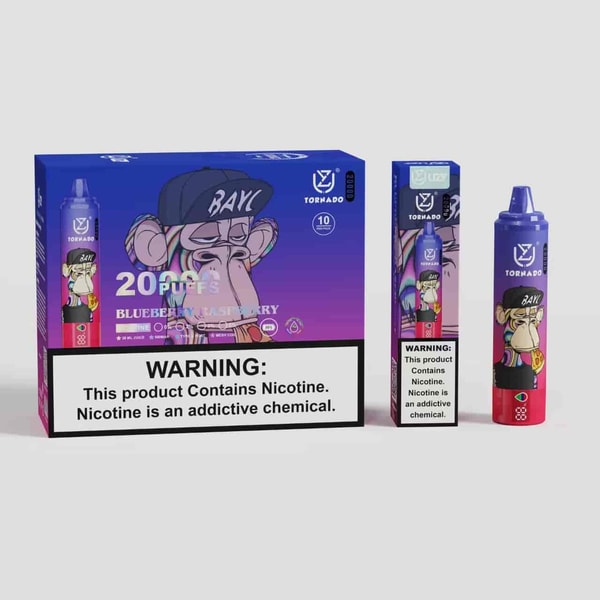 Packaging and product image of Tornado vape featuring a blueberry raspberry flavor with "20 Puffs" text, a cartoon monkey design, and a nicotine warning label.