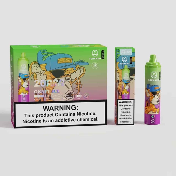 A colorful vape product package featuring a cartoon graphic of a dog wearing sunglasses and a cap, labeled "20 Puffs Grape Ice." The packaging includes a prominent warning about nicotine being an addictive chemical.