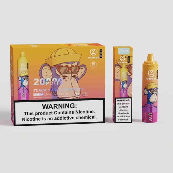 A colorful packaging for a vaping product featuring a cartoon monkey wearing sunglasses and a hat, with the labels "20,000 PUFFS" and "PEACH MANGO PINEAPPLE," alongside a warning about nicotine addiction.