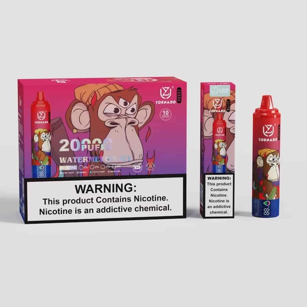 A colorful vape product packaging featuring a cartoon monkey, labeled "20 Puffs Watermelon Ice" with a warning about nicotine content. The box and a corresponding vape are visible, both prominently displaying the brand name "Tornado."