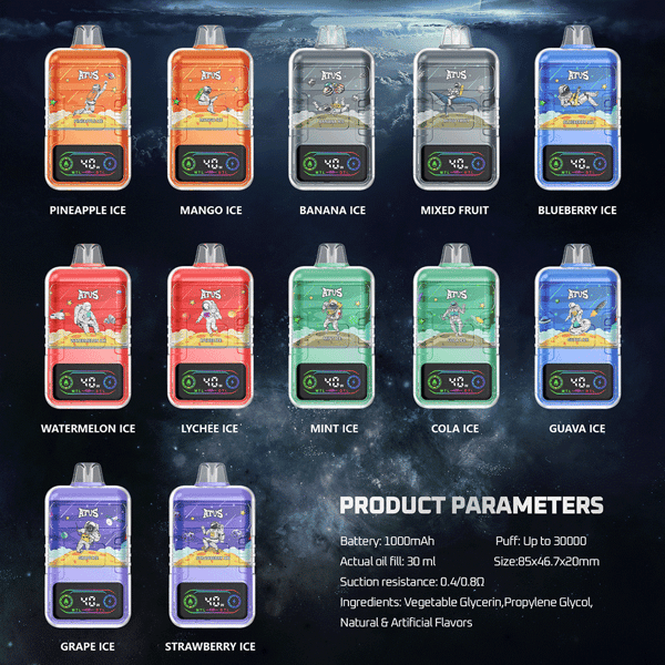 Various flavors of disposable vape devices displayed in colorful packaging, with each flavor labeled including pineapple, mango, banana, mixed fruit, blueberry, watermelon, lychee, mint, cola, guava, grape, and strawberry ice, alongside product parameters like battery capacity and puff count on a dark cosmic background.