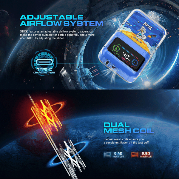 Promotional graphic showing a blue ATVS vape device with adjustable airflow system and dual mesh coil features, depicted in a futuristic space-themed setting with labeled text and illustrative graphics highlighting Type-C charging and mesh coil options.
