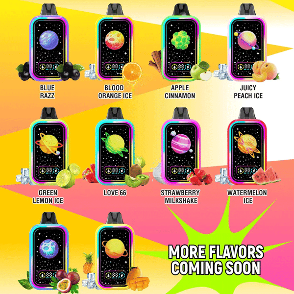 Présentation de neuf appareils de vapotage colorés avec des icônes et des saveurs sur le thème des fruits, notamment Blue Razz, Blood Orange Ice, Apple Cinnamon, Juicy Peach Ice, Green Lemon Ice, Love 66, Strawberry Milkshake, Watermelon Ice et deux saveurs tropicales, avec une pancarte indiquant ' Plus de saveurs à venir ' sur un fond clair.