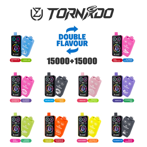 Coleção de dispositivos vape de duplo sabor da marca Tornado em diversas combinações de cores, cada um rotulado com dois sabores diferentes, como Melancia Ice e Lemon Lime, Fizzy Cherry Ice e Blueberry Cotton Candy, entre outros, com o texto 'DOUBLE FLAVOUR' e '15000+15000' no centro.