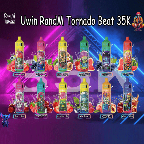 Display of Uwin RandM Tornado Beat 35K vape devices in various flavors, each with colorful, cartoonish character illustrations and associated fruits like berries, watermelon, cherry, peach, and passion fruit, set against a vibrant neon-lit background.