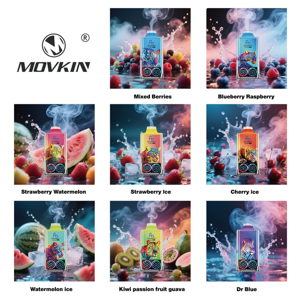 Grid of eight colorful MOVKIN vape devices, each surrounded by fruit and ice elements representing flavors like mixed berries, strawberry watermelon, blueberry raspberry, cherry, kiwi, guava, and watermelon ice, with smoke or vapor rising from each device.
