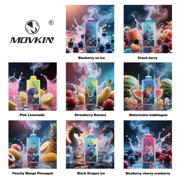 Grid of colorful Movkin vape flavors, each device surrounded by corresponding fruits or imagery such as blueberries, peaches, pink lemonade, strawberries, watermelons, pineapples, a dragon with ice cubes, and a mix of berries, with vapor rising from each device.