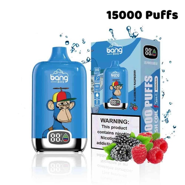 Bang Box disposable vape device in blue with a cartoon monkey and a propeller hat, next to its packaging labeled '15000 Puffs' and 'Blueberry Raspberry,' with images of blackberries and raspberries and a nicotine warning.