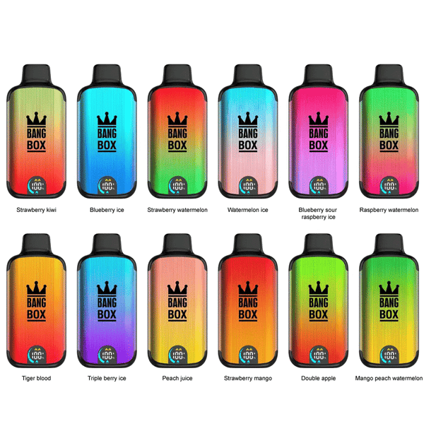 Doce coloridos dispositivos de vapeo Bang Box, cada uno con un sabor de fruta diferente, como fresa, kiwi, helado de arándano, helado de sandía y más, dispuestos en dos filas sobre un fondo blanco con los nombres de sus sabores etiquetados a continuación.