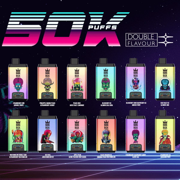 Colorful advertisement for Bang Box disposable vapes featuring twelve different flavors, each with unique illustrated characters and corresponding flavor names displayed below each vape device, set against a neon, futuristic background with '50K PUFFS' highlighted at the top.