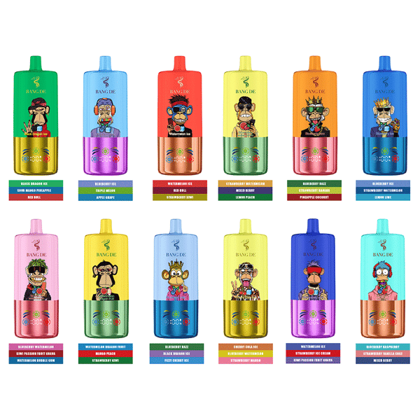 Douze appareils de vape Bang DE colorés, chacun présentant des singes de dessins animés vibrants et des combinaisons de couleurs distinctes, disposés en deux rangées avec des étiquettes de saveur correspondantes sous chaque appareil.