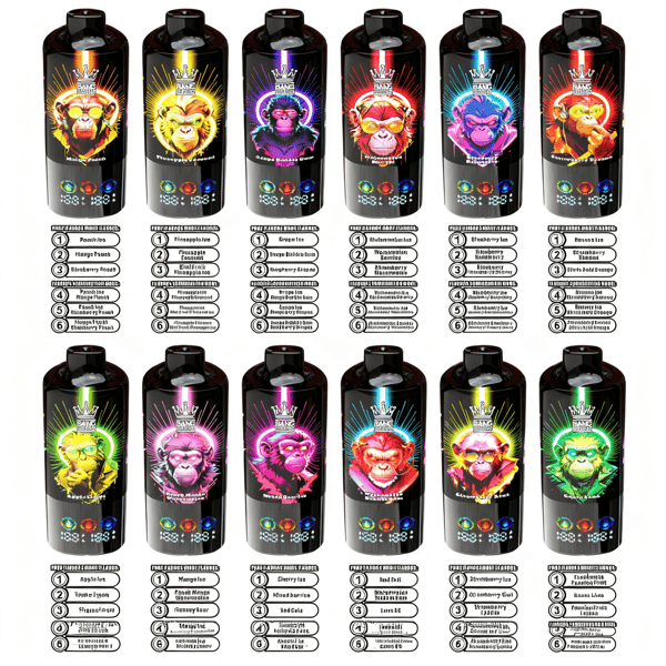 Eine Sammlung von Energy-Drink-Dosen mit lebendigen, farbenfrohen Affenillustrationen, die jeweils unterschiedliche Geschmacksrichtungen wie 'Poo's Fun' und 'Happy Peach' repräsentieren. Die Namen der Geschmacksrichtungen und ihre Zutaten sind unter den Dosen aufgeführt.
