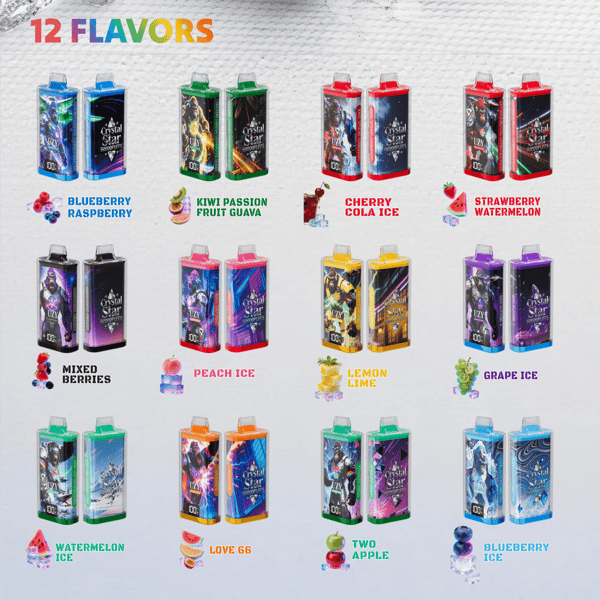 Assorted vape juice bottles labeled with flavors: Blueberry Raspberry, Kiwi Passion Fruit Guava, Cherry Cola Ice, Strawberry Watermelon, Mixed Berries, Peach Ice, Lemon Lime, Grape Ice, Watermelon Ice, Love 66, Two Apple, Blueberry Ice, arranged in a grid with flavor text captions.