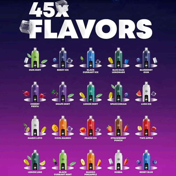 A grid of colorful e-liquid bottles labeled with flavors, arranged in rows on a purple gradient background with ice cubes and fruit icons.