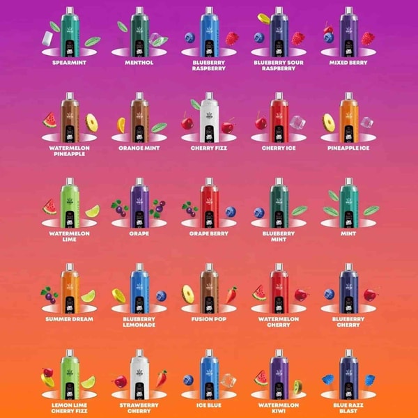 Assorted fruit-flavored bottled beverages arranged in a grid on a pink-to-orange gradient background, each with flavor labels such as Spearmint, Menthol, Blueberry Raspberry, Mixed Berry, Watermelon Pineapple, Orange Mint, Cherry Fizz, Cherry Ice, Pineapple Ice, Watermelon Lime, Grape, Grape Berry, Blueberry Mint, Mint, Summer Dream, Blueberry Lemonade, Fusion Pop, Watermelon Cherry, Blueberry Cherry, Lemon Lime Cherry Fizz, Strawberry Cherry, Ice Blue, Watermelon Kiwi, Blue Razz Blast.