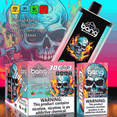 Vape With A Bang engångsvapeförpackning och enhet med en blå flammande dödskallegrafik och smak märkt som Watermelon Blueberry Mint, med en framträdande nikotinvarningsetikett.
