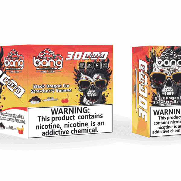 Emballage et dispositif de vapotage pour ' Bang Jetable 30K Pro ' comportant un crâne avec des cheveux colorés et des lunettes de soleil, étiqueté avec la saveur ' Black Dragon Ice Strawberry Banana ' et un avertissement de dépendance à la nicotine.