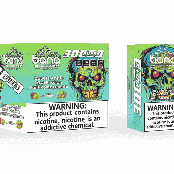 Emballage et appareil pour vape Bang Jetable 30K Pro, avec un graphisme de crâne coloré, une saveur de produit Double Pomme Kiwi Fruit de la Passion Grenade, un marquage de 30 000 bouffées et une grande étiquette d'avertissement de nicotine.