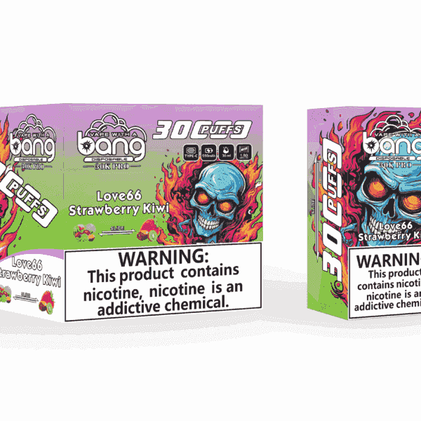 Emballage et appareil pour vape Bang jetable (30K Pro) au goût Love66 Strawberry Kiwi, avec une illustration colorée d'un crâne bleu flamboyant et une étiquette d'avertissement de nicotine.