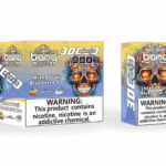 Emballage et dispositif de vape jetables Bang pour la saveur ' Mixed Fruit Blueberry Ice ' avec un graphique de crâne coloré et enflammé et une étiquette d'avertissement de dépendance à la nicotine bien visible.