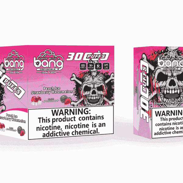 Emballage et appareil de vape Bang Jetables 30K PRO, comportant un graphique de tête de mort avec des accents roses, des détails sur le produit, des saveurs de glace à la pêche et de pastèque à la fraise et une étiquette d'avertissement de dépendance à la nicotine bien visible.