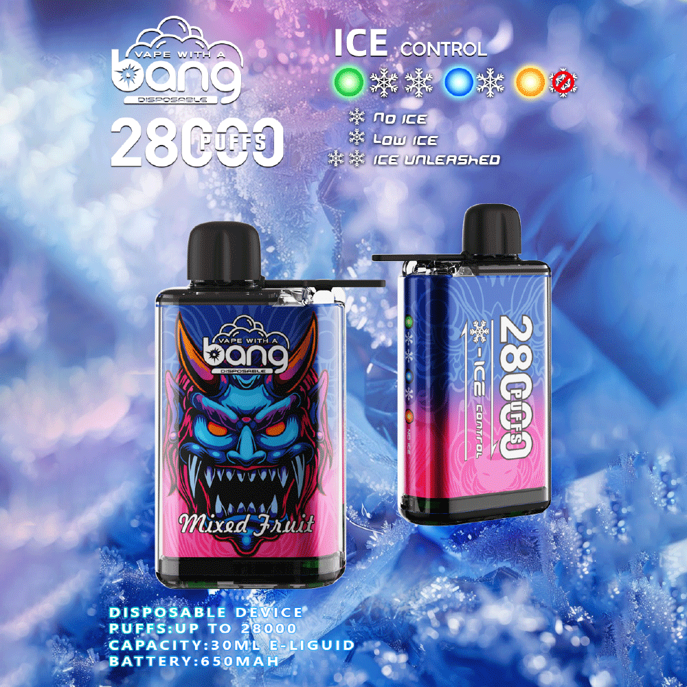 A colorful advertisement for a disposable vape device featuring a dual-pack. One side displays a Mixed Fruit flavor with a vibrant, monster-like design, while the other side shows various ice control options. The text highlights the device's capacity of 30ml e-liquid, up to 28,000 puffs, and a 650mAh battery. The backdrop features an icy, blue texture.