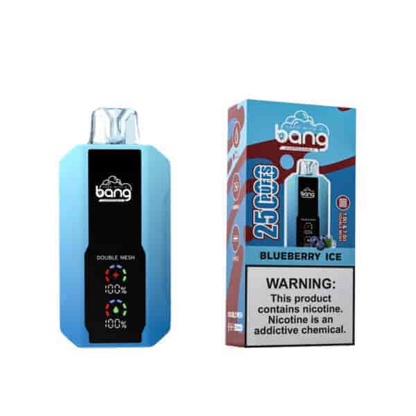 Ein blaues Einweg-Vape-Gerät mit der Aufschrift "Bang" mit einem schwarzen Feld mit Batteriestandsanzeigen, neben der Verpackung mit der Aufschrift "Blueberry Ice" und einer Warnung vor Nikotin.