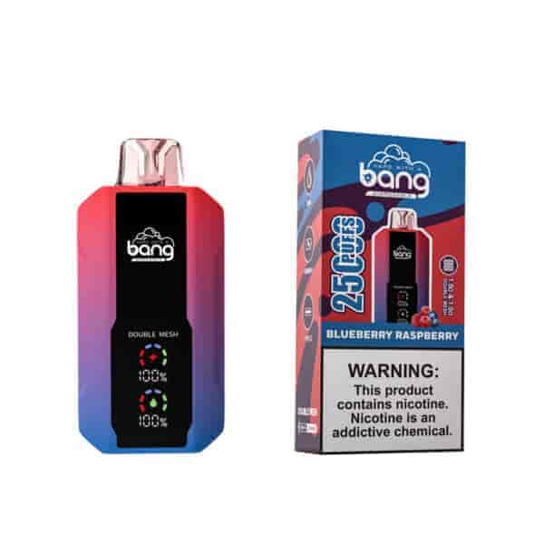 Ein Einweg-Vaporizer mit einem rot-blauen Farbverlaufsdesign, einem schwarzen Feld mit dem Logo und Anzeigen für die Batterielebensdauer sowie einer Verpackung mit der Aufschrift "Blueberry Raspberry" und einem Warnhinweis zu Nikotin.