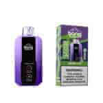 Ein violettes Einweg-Vape-Gerät mit der Aufschrift "Bang" neben der Verpackung, das die Geschmacksrichtung "Grape Ice" aufweist und einen Warnhinweis vor Nikotin enthält. Das Gerät verfügt über Anzeigen für die Batterielebensdauer und die Anzahl der Züge.